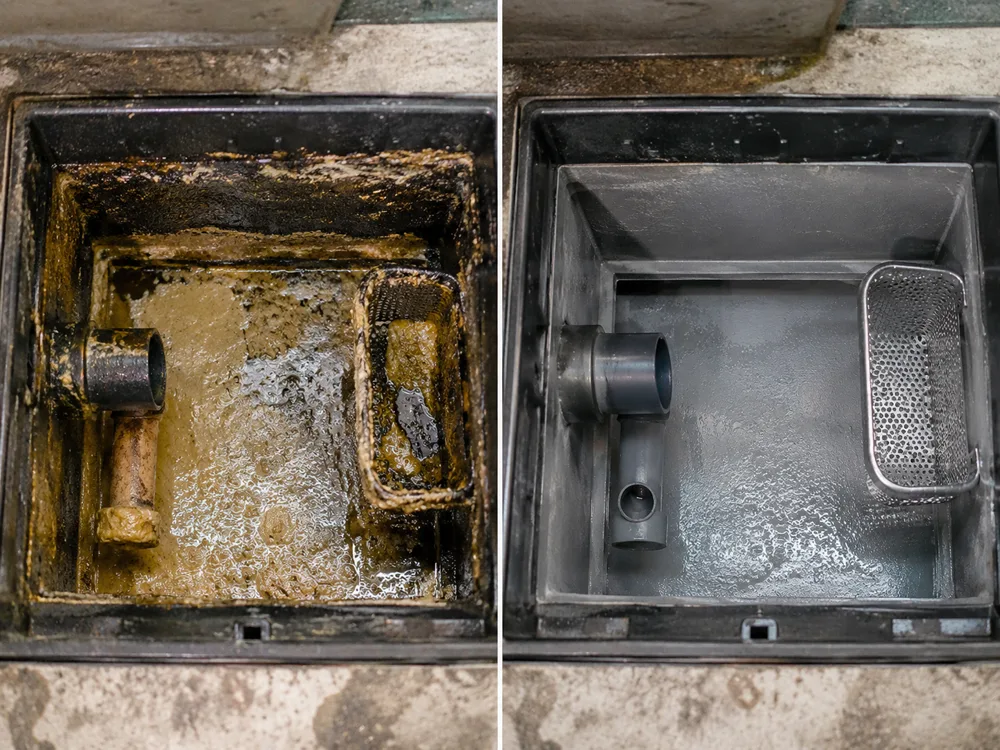 Antes e depois — Limpeza de caixa de gordura