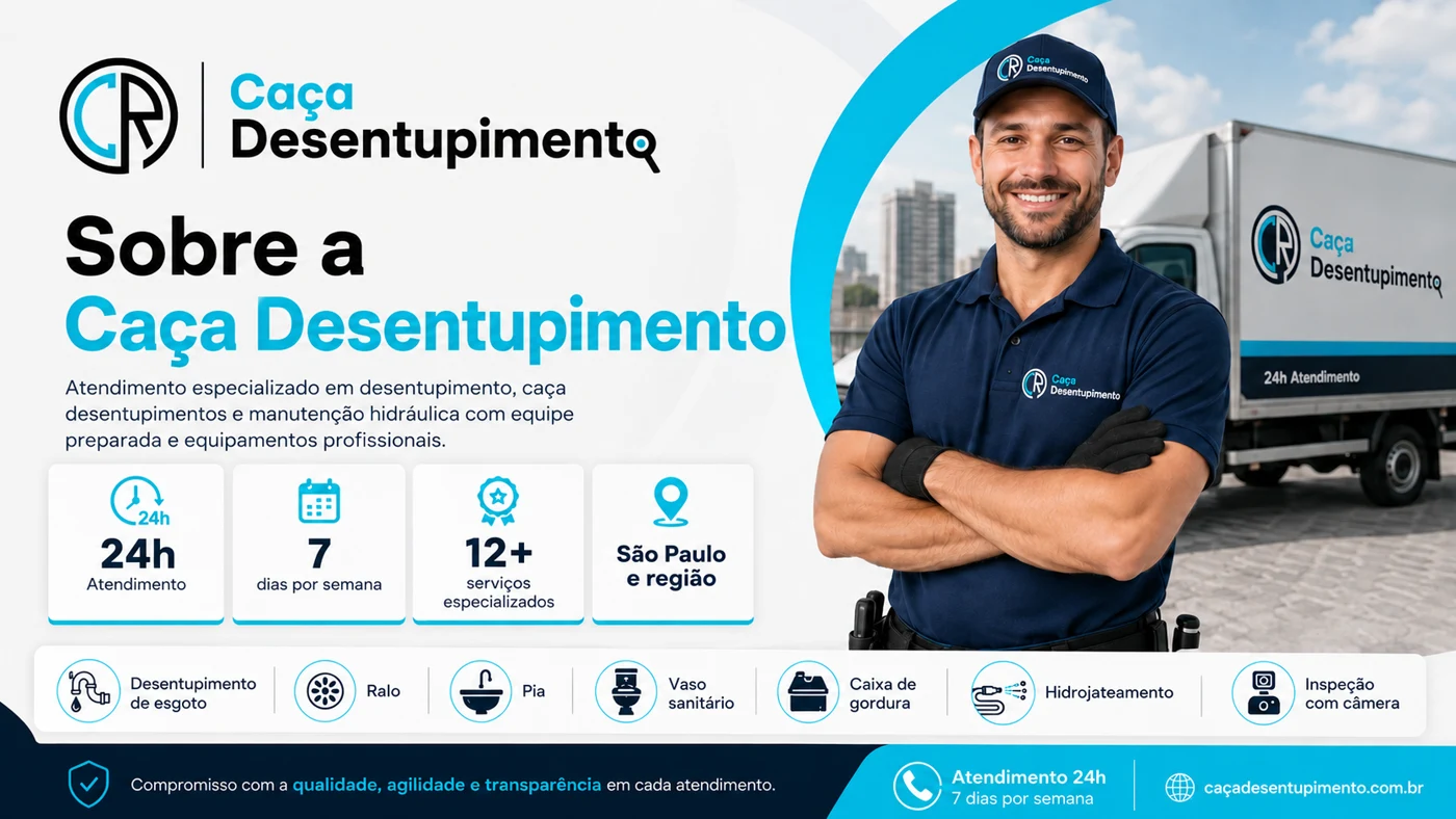 Sobre a Caça Desentupimento — desentupidora 24h em São Paulo, atendimento 7 dias por semana e mais de 12 serviços. Clique para falar no WhatsApp